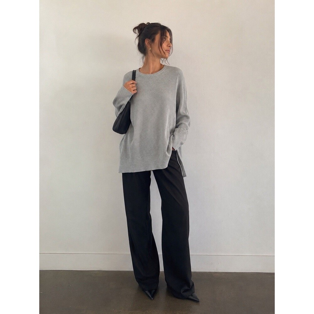 Eileen Fisher XL 100% Fine Merino Wool Rib Knit Tunic Sweater Gray High Low Hem